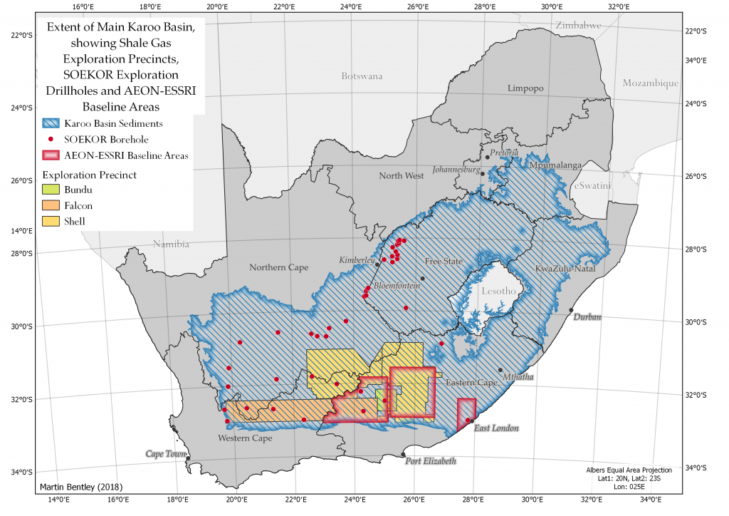 Overview map of SOEKOR boreholes, Shale Gas Exploration areas, the sedimentary rocks of the Karoo Basin, and AEON-ESSRI focus areas.